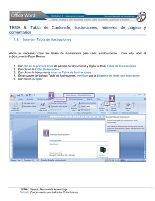 SENA
Virtual
Servicio Nacional de Aprendizaje
Conocimiento para todos los Colombianos
TTEEMMAA 55:: TTaabbllaa ddee CCoonntteenniiddoo,, iilluussttrraacciioonneess,, nnúúmmeerrooss ddee ppáággiinnaa yy
ccoommeennttaarriiooss
1.1. Insertar Tabla de ilustraciones
Ahora es necesario crear las tablas de ilustraciones para cada subdocumento. Para ello, abrir el
subdocumento Papel Resma:
1. Dar clic en la primera línea de párrafo del documento y digitar el titulo Tabla de Ilustraciones
2. Dar clic en la Ficha Referencias
3. Dar clic en la herramienta Insertar Tabla de ilustraciones
4. En el cuadro de dialogo Tabla de ilustraciones, verificar que la Etiqueta de titulo sea Ilustración
5. Dar clic en Aceptar
3
2
1
 