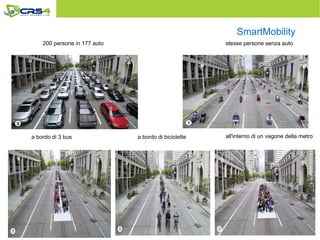 16
200 persone in 177 auto
a bordo di 3 bus a bordo di biciclette all'interno di un vagone della metro
stesse persone senza auto
SmartMobility
 