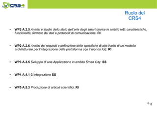 4
Ruolo del
CRS4
● WP2 A.2.5 Analisi e studio dello stato dell’arte degli smart device in ambito IoE: caratteristiche,
funzionalità, formato dei dati e protocolli di comunicazione. RI
● WP2 A.2.6 Analisi dei requisiti e definizione delle specifiche di alto livello di un modello
architetturale per l’integrazione della piattaforma con il mondo IoE. RI
● WP3 A.3.5 Sviluppo di una Applicazione in ambito Smart City. SS
● WP4 A.4.1-3 Integrazione SS
● WP5 A.5.3 Produzione di articoli scientifici. RI
/17
 