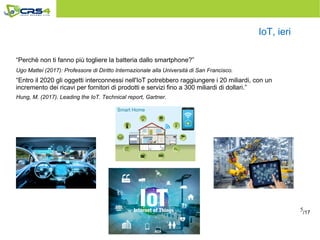 5
IoT, ieri
“Perchè non ti fanno più togliere la batteria dallo smartphone?”
Ugo Mattei (2017): Professore di Diritto Internazionale alla Università di San Francisco.
“Entro il 2020 gli oggetti interconnessi nell'IoT potrebbero raggiungere i 20 miliardi, con un
incremento dei ricavi per fornitori di prodotti e servizi fino a 300 miliardi di dollari.”
Hung, M. (2017). Leading the IoT. Technical report, Gartner.
/17
 
