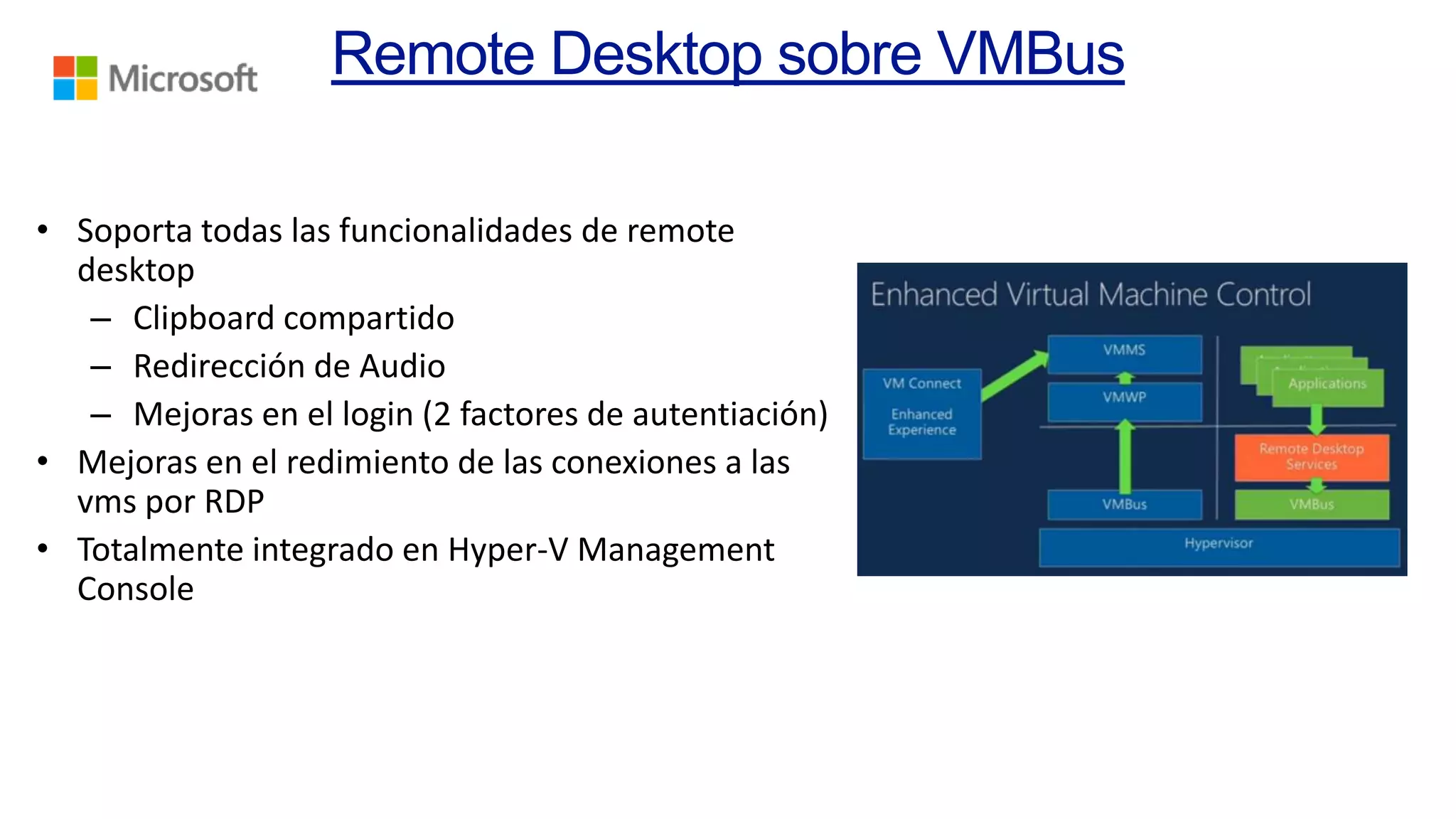 • Soporta todas las funcionalidades de remote
desktop
– Clipboard compartido
– Redirección de Audio
– Mejoras en el login (2 factores de autentiación)
• Mejoras en el redimiento de las conexiones a las
vms por RDP
• Totalmente integrado en Hyper-V Management
Console

 