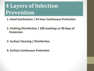 4 Layers of Infection
Prevention
1. Hand Sanitization / 24 hour Continuous Protection
2. Clothing Disinfection / 100 washings or 90 days of
Protection
3. Surface Cleaning / Disinfection
4. Surface Continuous Protection
 