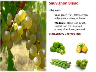 Sauvignon Blanc
• Keyword:
•Cold: green fruit, grassy, green
bell pepper, asparagus ,lemon
•Moderate: stone fruit peach,
tropical fruit (passion fruit,
lychee), elderflower, mineral
HIGH ACIDITY + REFRESHING
 