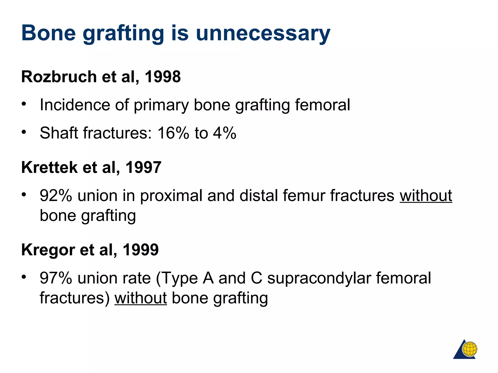 Bone grafting is unnecessary
Rozbruch et al, 1998
• Incidence of primary bone grafting femoral
• Shaft fractures: 16% to 4%
Krettek et al, 1997
• 92% union in proximal and distal femur fractures without
bone grafting
Kregor et al, 1999
• 97% union rate (Type A and C supracondylar femoral
fractures) without bone grafting
 