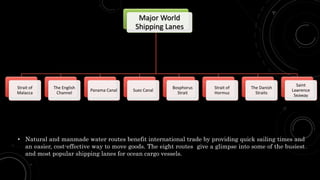 • Natural and manmade water routes benefit international trade by providing quick sailing times and
an easier, cost-effective way to move goods. The eight routes give a glimpse into some of the busiest
and most popular shipping lanes for ocean cargo vessels.
Major World
Shipping Lanes
Strait of
Malacca
The English
Channel
Panama Canal Suez Canal
Bosphorus
Strait
Strait of
Hormuz
The Danish
Straits
Saint
Lawrence
Seaway
 
