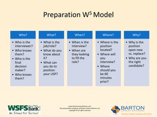 Preparation W5 Model

    Who?            What?                        When?                                  Where?       Why?

• Who is the     • What is the           • When is the                          • Where is the   • Why is the
  interviewer?     job/role?               interview?                             position         position
• Who knows      • What do you           • When are                               located?         open new
  them?            know about              they looking                         • Where will       vs. replace?
• Who is the       it?                     to fill the                            you            • Why are you
  final          • What can                role?                                  interview?       the right
  decision         you do to                                                    • Where            candidate?
  maker?           position                                                       should you
• Who knows        your USP?                                                      be 60
  them?                                                                           minutes
                                                                                  prior?




                                        www.bartoncareeradvisors.com
                            This presentation property of Barton Career Advisors LLC,
                                         copyright © all rights reserved
 