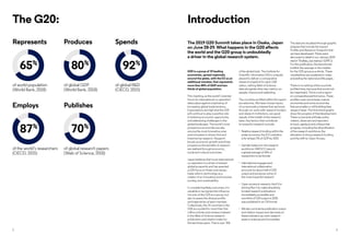 3
2
The G20:
Produces
80%
G20 is a group of 19 leading
economies, spread regionally
around the globe, with the EU as an
additional member, that represents
more than 80% of GDP and two-
thirds of global population.
This meeting, as the world’s ‘premier
forum for international co-operation’
takes place against a backdrop of
increasing global trade tensions.
Expectations are high that the G20
will continue to play a positive role
in fostering economic opportunity
and addressing challenges in the
global landscape. The world’s most
prosperous economies are also
among the most innovative ones
and innovation is driven first and
foremost by research. Research
boosts economic growth and drives
progress as the benefits of research
are realized through economic,
social and cultural outcomes.
Japan believes that more international
co-operation is a driver of shared
global prosperity and has asserted
a G20 focus on three core issues:
trade reform; technology as a
creator of an innovative and inclusive
society; and sustainability.
In considering likely outcomes, it is
valuable to recognize the influence
not only of the G20 as a group, but
also to assess the diverse profile
and trajectories of each member.
Collectively, the 19 countries in the
G20 accounted for more than five
million articles and reviews indexed
in the Web of Science research
publication and citation index for
the last three years. That is over 70%
of the global total. The Institute for
Scientific Information (ISI) is uniquely
placed to deliver a comparative
research snapshot for each G20
nation, setting Web of Science
data alongside other key metrics on
people, finance and patenting.
The countries profiled within this report
are selective. We have chosen topics
of current policy interest that we know,
through our work with research funders
and research institutions, are good
signals of the health of the research
base. Key factors that contribute
to impactful research include:
•	 Relative research funding within the
wider economy: the EU’s ambition
is for at least 3% of GDP by 2020
•	 Gender balance in the research
workforce: UNESCO reports
a global average of 30% of
researchers to be female
•	 International engagement:
international collaboration
accounts for about half of G20
output and produces some of
the most impactful research
•	 Open access to research: the EU is
driving Plan S to make all publicly-
funded research publications
immediately accessible and
one-third of G20 output in 2018
was published in an OA format
•	 We also summarise publication output
and citation impact and deconstruct
these indicators by main research
areas in sciences and humanities.
The data are visualized through graphic
analyses that include the Impact
Profiles and Research Footprints that
we have developed. These were
discussed in detail in our January 2019
report ‘Profiles, not metrics’ (GRR 1).
For this publication, the benchmark
is either the average or the median
for the G20 group as a whole. These
visualizations are explained in notes
preceding the national profile pages.
There is no ranking of the countries
profiled here, because that would not
be meaningful. This is a not a report
on comparative performance. These
profiles cover some large, mature
economies and some economies
that are smaller or still building their
research base. The time trend graphs
show the progress of that development.
These scorecards will help policy-
makers, observers and reporters
to track, applaud and critique that
progress, including the diversification
of the research workforce, the
allocation of strong research funding
and the shift to Open Access.
of world population
(World Bank, 2018)
of global GDP
(World Bank, 2018)
Represents
87%
Employs
of the world’s researchers
(OECD, 2015)
92%
of global R&D
(OECD, 2015)
Spends
70%
of global research papers
(Web of Science, 2018)
Publishes
65%
Introduction
The 2019 G20 Summit takes place in Osaka, Japan
on June 28-29. What happens in the G20 affects
the world and the G20 group is undoubtedly
a driver in the global research system.
 