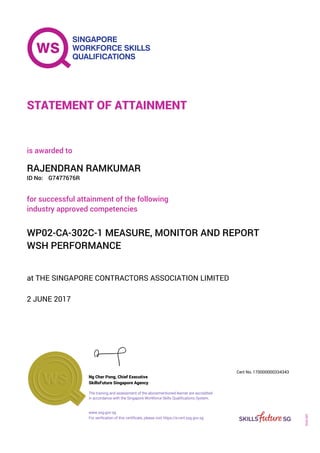 at THE SINGAPORE CONTRACTORS ASSOCIATION LIMITED
is awarded to
2 JUNE 2017
for successful attainment of the following
industry approved competencies
WP02-CA-302C-1 MEASURE, MONITOR AND REPORT
WSH PERFORMANCE
RAJENDRAN RAMKUMAR
G7477676RID No:
STATEMENT OF ATTAINMENT
SkillsFuture Singapore Agency
170000000334343
www.ssg.gov.sg
The training and assessment of the abovementioned learner are accredited
in accordance with the Singapore Workforce Skills Qualifications System.
Ng Cher Pong, Chief Executive
Cert No.
SOA-001
For verification of this certificate, please visit https://e-cert.ssg.gov.sg
 