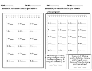 Hari:…………….. Tarikh:………………… Hari:…………….. Tarikh:…………………
Selesaikan penolakan.Gunakan garis nombor Selesaikan penolakan.Gunakangaris nombor
untuk pengiraan.
untuk pengiraan.
Ali mempunyai 10 batang
gula-gula lollipop. Adiknya
ambil 2 batang lollipop itu.
Berapakah baki lollipop Ali?
_____ - _____ =______
Nina membeli 12 batang
aiskrim. Dia berikan 5 batang
aiskrim kepada kawan-
kawannya?Berapakah batang
aiskrim yang tinggal
_____ - _____ =______
 