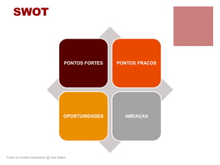 SWOT
PONTOS FORTES PONTOS FRACOS
OPORTUNIDADES AMEAÇAS
Todos os direitos reservados @ Lara Selem.
 