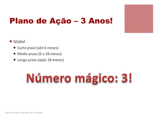 Plano de Ação – 3 Anos!
 Global
 Curto prazo (até 6 meses)
 Médio prazo (6 a 18 meses)
 Longo prazo (após 18 meses)
Todos os direitos reservados @ Lara Selem.
 