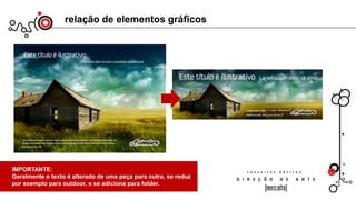 relação de elementos gráficos
IMPORTANTE:
Geralmente o texto é alterado de uma peça para outra, se reduz
por exemplo para outdoor, e se adiciona para folder.
 