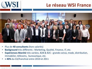 Le réseau WSI France




  • Plus de 40 consultants (hors salariés)
  • Background très différents : Marketing, Qualité, Finance, IT, etc.
  • Expériences Marché très variées, B2B & B2C : grande conso, mode, distribution,
    immobilier, télécoms, bureautique, etc.
  • + 40% du CA/franchisé entre 2010 et 2011


Copyright 2011 Research and Management. All rights reserved.
 