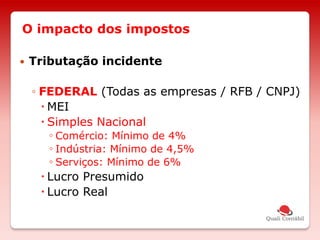 O impacto dos impostos
 Tributação incidente
◦ FEDERAL (Todas as empresas / RFB / CNPJ)
 MEI
 Simples Nacional
◦ Comércio: Mínimo de 4%
◦ Indústria: Mínimo de 4,5%
◦ Serviços: Mínimo de 6%
 Lucro Presumido
 Lucro Real
 
