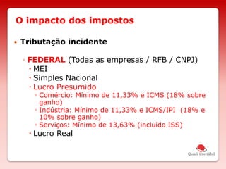 O impacto dos impostos
 Tributação incidente
◦ FEDERAL (Todas as empresas / RFB / CNPJ)
 MEI
 Simples Nacional
 Lucro Presumido
◦ Comércio: Mínimo de 11,33% e ICMS (18% sobre
ganho)
◦ Indústria: Mínimo de 11,33% e ICMS/IPI (18% e
10% sobre ganho)
◦ Serviços: Mínimo de 13,63% (incluído ISS)
 Lucro Real
 