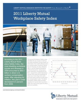 LIBERTY MUTUAL RESEARCH INSTITUTE FOR SAFETY From Research to Reality ®



                     2011 Liberty Mutual
                     Workplace Safety Index




  According to the 2011                        The annual Workplace Safety Index
                                                                                                            Real Cost* of the Most Disabling Injuries 1998-2009
                                               identifies the top causes of serious
  Liberty Mutual Work-                         non-fatal workplace injuries based on                   48

  place Safety Index, the                      information from Liberty Mutual work-                   46                           45.6
                                               ers compensation insurance claims,
  most disabling workplace                     the U.S. Bureau of Labor Statistics                     44
                                                                                                                                              43.4
  injuries and illnesses in                    (BLS), and the National Academy
                                                                                                       42
                                                                                                                        42.8
                                               of Social Insurance. Using injury-
                                                                                          $ Billions




  2009 amounted to $50.1                       event definitions developed by the
                                                                                                                   41.5
                                                                                                       40
  billion in direct U.S.                       BLS, researchers collect data about                            40.0                                 40.0
                                                                                                                                                                 39.2
                                               injuries that cause the employee to
  workers compensation                         miss six or more days from work,
                                                                                                       38
                                                                                                                                                 38.5                      37.8

  costs. After adjusting for                   and rank those injuries by total work-                  36      37.1
                                                                                                                                                            37.2
                                               ers compensation costs. The latest
  inflation, this year’s costs                 Workplace Safety Index provides
                                                                                                       34                                                                 35.4

  decreased 6.5 percent                        statistics for injuries that occurred in                     1998	 1999	 2000	 2001	 2002	 2003	 2004	 2005	 2006	 2007	 2008	 2009
                                               2009, the most recent year for which
  from 2008.                                   data are available.
                                                                                                                                     *inflation adjusted




www.libertymutualgroup.com/researchinstitute
 