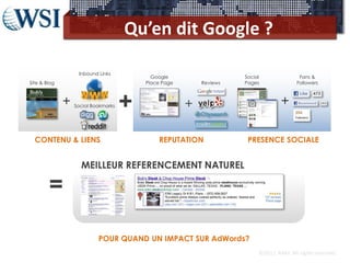Qu’en dit Google ?

                   Inbound Links
                                           Google                   Social               Fans &
Site & Blog                              Place Page       Reviews   Pages               Followers



              +   Social Bookmarks   +                +                          +

  CONTENU & LIENS                            REPUTATION              PRESENCE SOCIALE


                    MEILLEUR REFERENCEMENT NATUREL

        =
                           POUR QUAND UN IMPACT SUR AdWords?
                                                                         ©2012 RAM. All rights reserved.
 