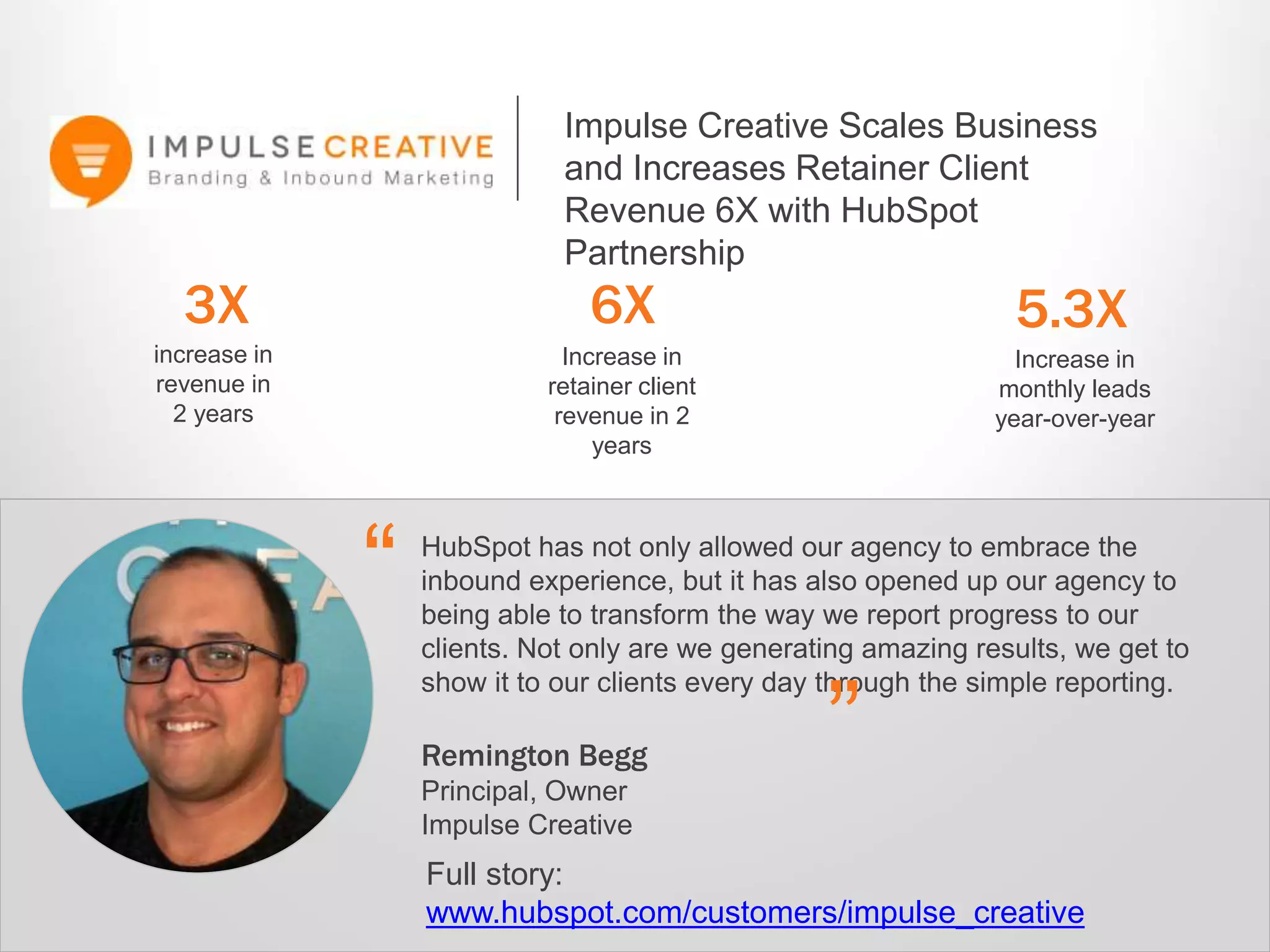 Impulse Creative Scales Business 
and Increases Retainer Client 
Revenue 6X with HubSpot 
Partnership 
6X 
Increase in 
retainer client 
revenue in 2 
years 
5.3X 
Increase in 
monthly leads 
year-over-year 
HubSpot has not only allowed our agency to embrace the 
inbound experience, but it has also opened up our agency to 
being able to transform the way we report progress to our 
clients. Not only are we generating amazing results, we get to 
show it to our clients every day through the simple reporting. 
“ 
” Remington Begg 
Principal, Owner 
Impulse Creative 
3X 
increase in 
revenue in 
2 years 
Full story: 
www.hubspot.com/customers/impulse_creative 
 