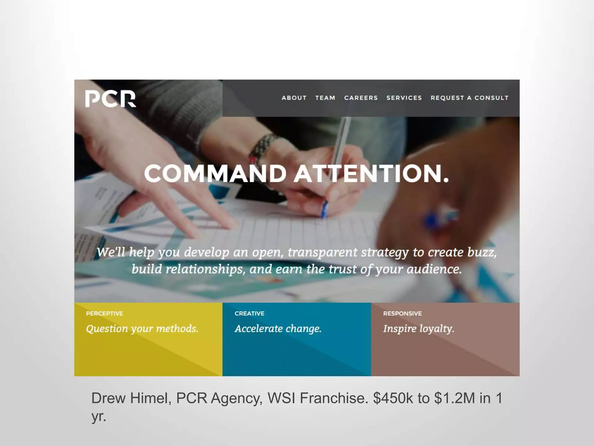 Drew Himel, PCR Agency, WSI Franchise. $450k to $1.2M in 1 
yr. 
 