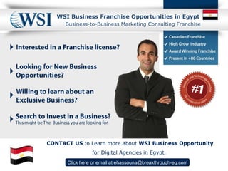 WSI  Business Franchise Opportunities in Egypt Click here  or email at  [email_address] Business-to-Business Marketing Consulting Franchise CONTACT US  to Learn more about  WSI Business Opportunity for Digital Agencies in Egypt.  