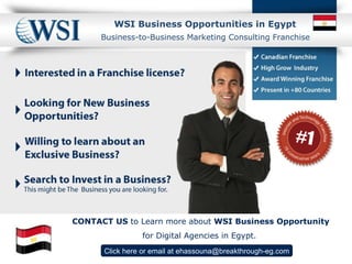 WSI  Business Opportunities in Egypt Click here  or email at  [email_address] Business-to-Business Marketing Consulting Franchise CONTACT US  to Learn more about  WSI Business Opportunity for Digital Agencies in Egypt.  