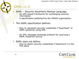 SAML v1.0 SAML – Security Assertions Markup Language An XML-based framework for exchanging security information A specification published by the OASIS organization The SAML specification defines: How to represent security credentials (“Assertions” in SAML parlance) using XML An XML message exchange protocol for querying a SAML Authority service SAML does not define: How to obtain security credentials (“Assertions”) in the first place 