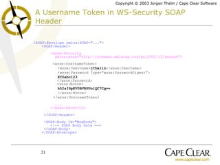 A Username Token in WS-Security SOAP Header <SOAP:Envelope xmlns:SOAP="..."> <SOAP:Header>   <wsse:Security   xmlns:wsse="http://schemas.xmlsoap.org/ws/2002/12/secext">   <wsse:UsernameToken> <wsse:Username> jthelin </wsse:Username> <wsse:Password Type="wsse:PasswordDigest"> XYZabc123   </wsse:Password>   <wsse:Nonce> h52sI9pKV0BVRPUolQC7Cg== </wsse:Nonce> </wsse:UsernameToken>   ...   </wsse:Security>  </SOAP:Header>  <SOAP:Body Id="MsgBody">   <!–- SOAP Body data -->  </SOAP:Body> </SOAP:Envelope>   