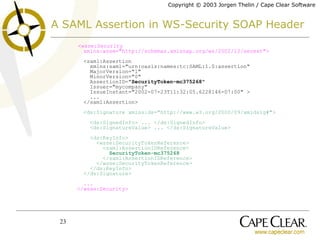 A SAML Assertion in WS-Security SOAP Header <wsse:Security   xmlns:wsse="http://schemas.xmlsoap.org/ws/2002/12/secext">   <saml:Assertion    xmlns:saml="urn:oasis:names:tc:SAML:1.0:assertion"   MajorVersion="1"    MinorVersion="0"    AssertionID=" SecurityToken-mc375268 "    Issuer="mycompany"    IssueInstant="2002-07-23T11:32:05.6228146-07:00" >   ...     </saml:Assertion>   <ds:Signature xmlns:ds="http://www.w3.org/2000/09/xmldsig#">   <ds:SignedInfo>  ...  </ds:SignedInfo>   <ds:SignatureValue>  ...  </ds:SignatureValue>   <ds:KeyInfo>   <wsse:SecurityTokenReference>   <saml:AssertionIDReference>   SecurityToken-mc375268   </saml:AssertionIDReference>   </wsse:SecurityTokenReference>   </ds:KeyInfo>   </ds:Signature>   ...   </wsse:Security> 
