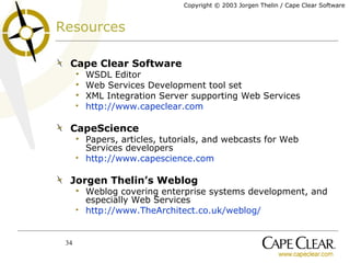 Resources Cape Clear Software WSDL Editor Web Services Development tool set XML Integration Server supporting Web Services http://www.capeclear.com CapeScience Papers, articles, tutorials, and webcasts for Web Services developers http://www.capescience.com Jorgen Thelin’s Weblog Weblog covering enterprise systems development, and especially Web Services http://www.TheArchitect.co.uk/weblog/ 