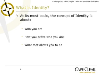 What is Identity? At its most basic, the concept of Identity is about: Who you are How you prove who you are What that allows you to do 