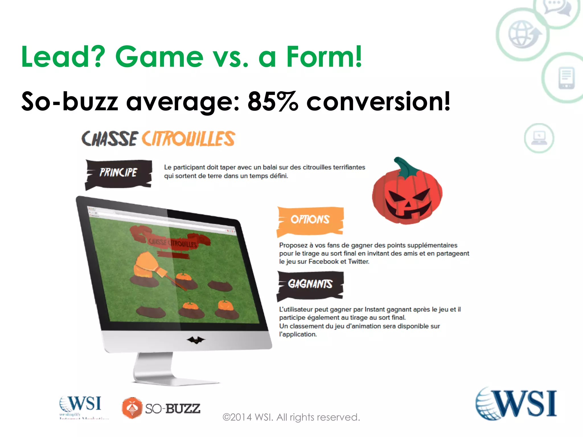 Lead? Game vs. a Form! 
So-buzz average: 85% conversion! 
©2014 WSI. All rights reserved. 
 