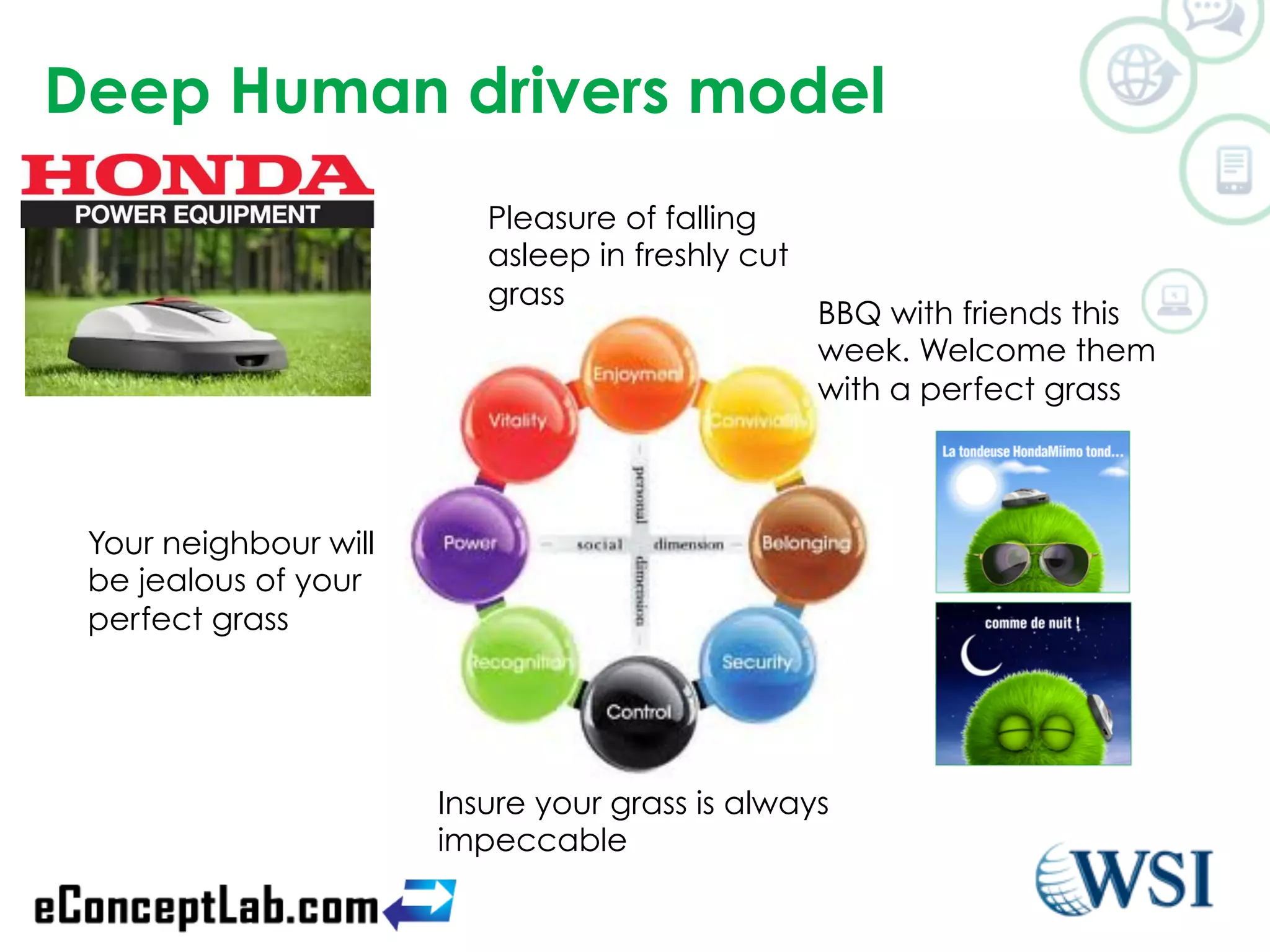 Deep Human drivers model 
§ 
Pleasure of falling 
asleep in freshly cut 
grass 
BBQ with friends this 
week. Welcome them 
with a perfect grass 
Insure your grass is always 
impeccable 
Your neighbour will 
be jealous of your 
perfect grass 
 