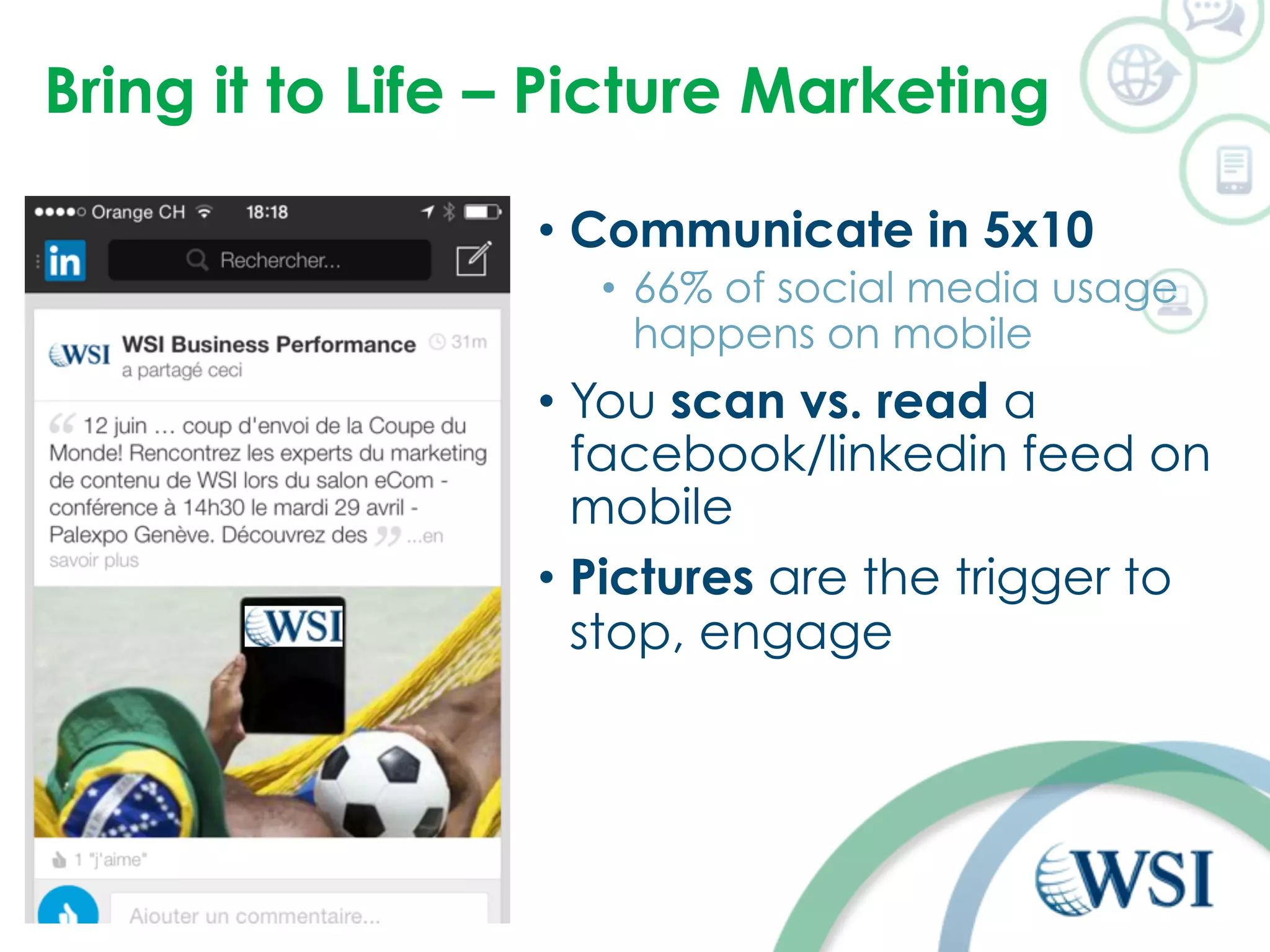 Bring it to Life – Picture Marketing 
• Communicate in 5x10 
• 66% of social media usage 
happens on mobile 
• You scan vs. read a 
facebook/linkedin feed on 
mobile 
• Pictures are the trigger to 
stop, engage 
 
