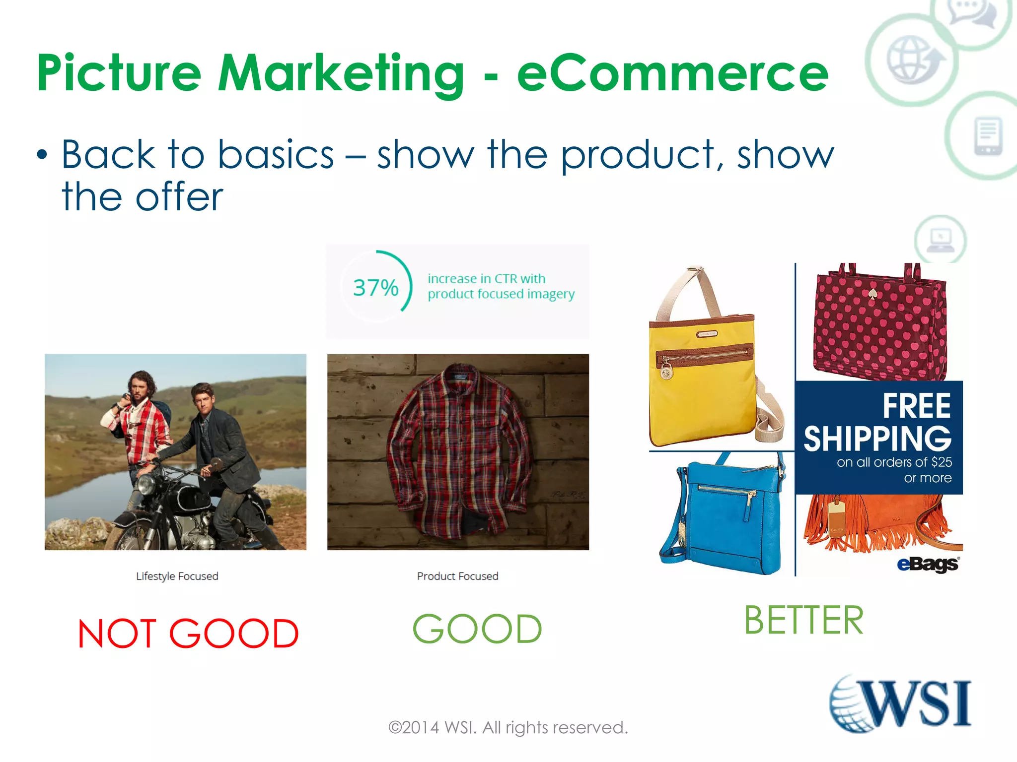 Picture Marketing - eCommerce 
• Back to basics – show the product, show 
the offer 
NOT GOOD GOOD BETTER 
©2014 WSI. All rights reserved. 
 