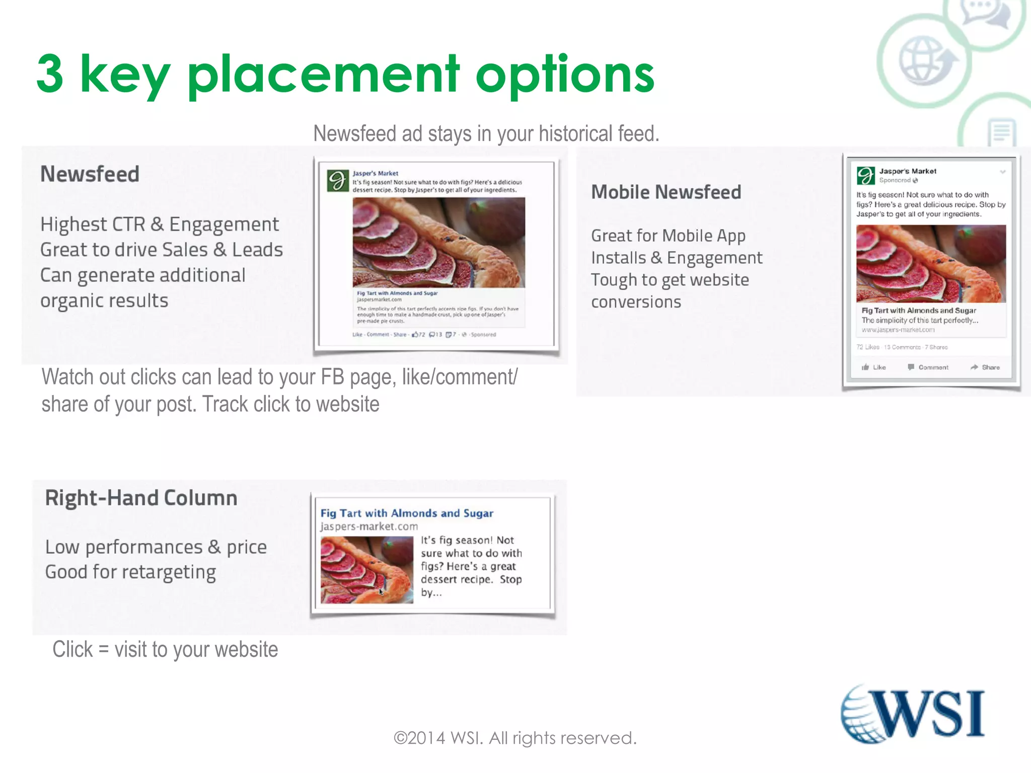 3 key placement options 
Watch out clicks can lead to your FB page, like/comment/ 
share of your post. Track click to website 
©2014 WSI. All rights reserved. 
Click = visit to your website 
Newsfeed ad stays in your historical feed. 
 