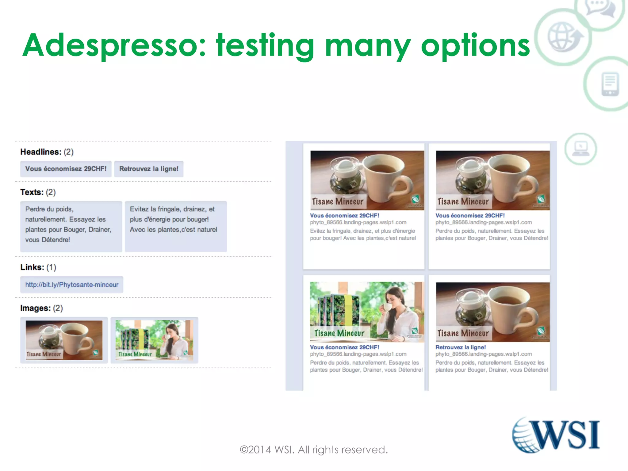 Adespresso: testing many options 
©2014 WSI. All rights reserved. 
 