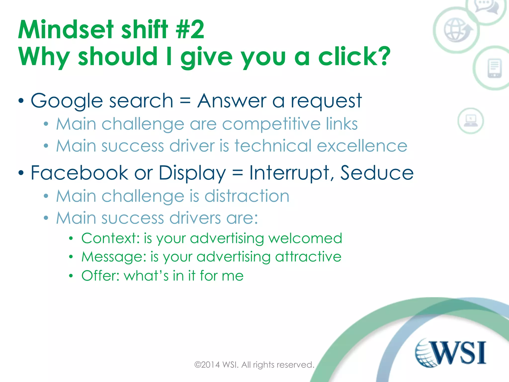 Mindset shift #2 
Why should I give you a click? 
• Google search = Answer a request 
• Main challenge are competitive links 
• Main success driver is technical excellence 
• Facebook or Display = Interrupt, Seduce 
• Main challenge is distraction 
• Main success drivers are: 
• Context: is your advertising welcomed 
• Message: is your advertising attractive 
• Offer: what’s in it for me 
©2014 WSI. All rights reserved. 
 
