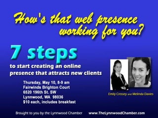 How’s That Web Presence
           Working For You?
    7 Steps to start creating an online presence
              that attracts new clients

               Thursday, May 11, 2012, 8am
         Fairwinds-Brighton Court, Lynnwood, WA


                     Presented by:
    Melinda Davies, WSI Digital Marketing Consultant




1
 