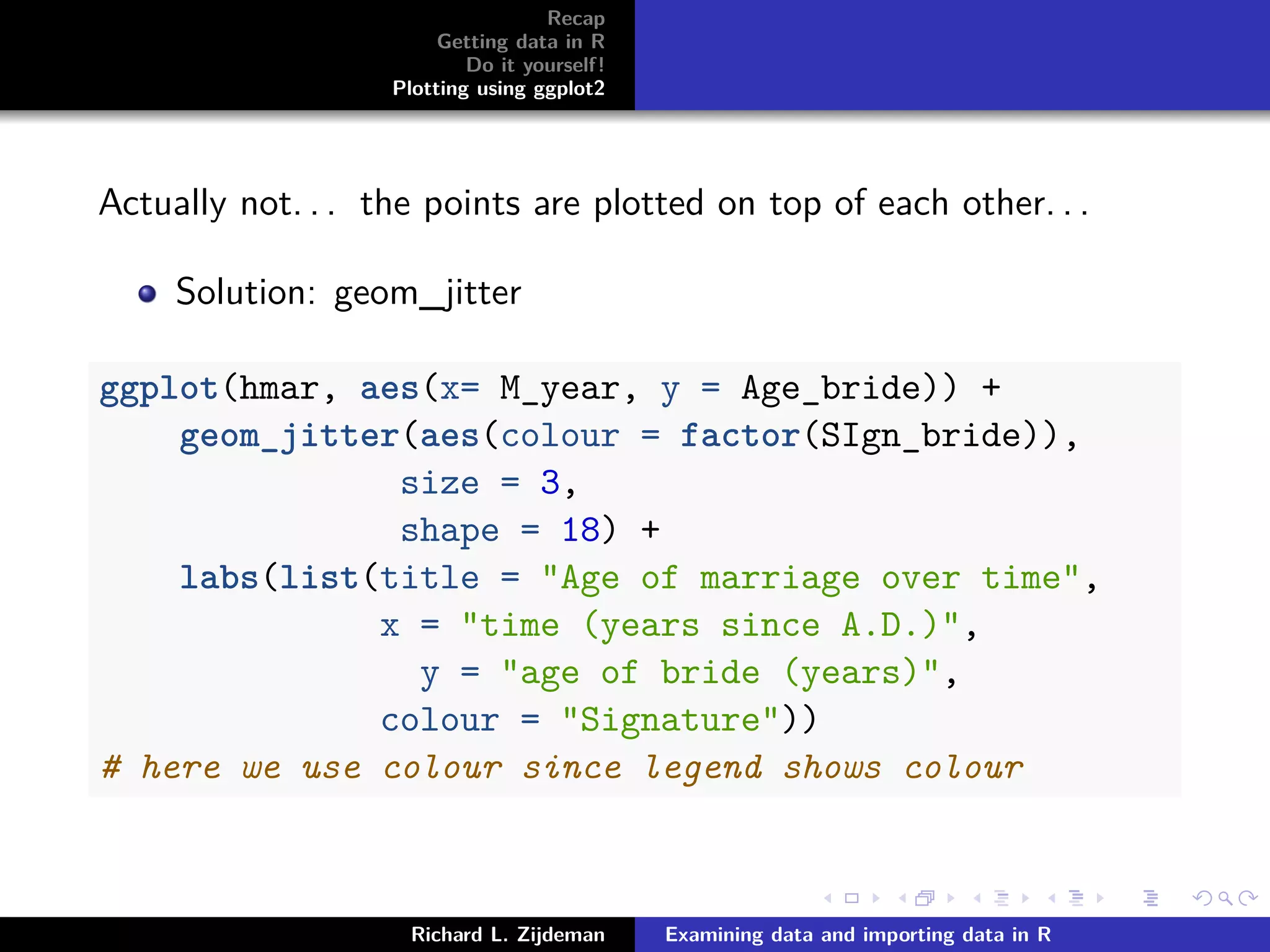 Recap
Getting data in R
Do it yourself!
Plotting using ggplot2
Actually not. . . the points are plotted on top of each other. . .
Solution: geom_jitter
ggplot(hmar, aes(x= M_year, y = Age_bride)) +
geom_jitter(aes(colour = factor(SIgn_bride)),
size = 3,
shape = 18) +
labs(list(title = "Age of marriage over time",
x = "time (years since A.D.)",
y = "age of bride (years)",
colour = "Signature"))
# here we use colour since legend shows colour
Richard L. Zijdeman Examining data and importing data in R
 