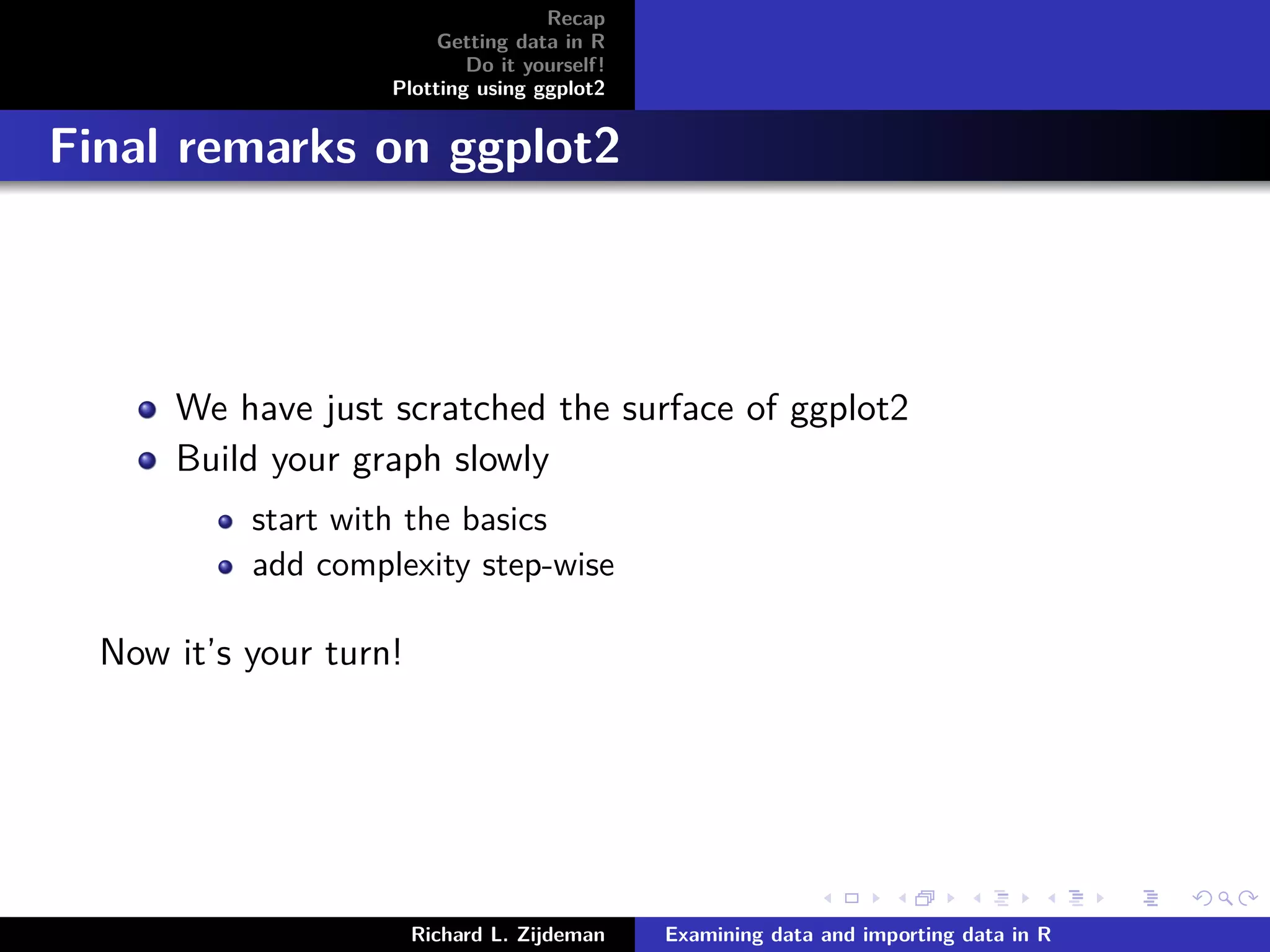 Recap
Getting data in R
Do it yourself!
Plotting using ggplot2
Final remarks on ggplot2
We have just scratched the surface of ggplot2
Build your graph slowly
start with the basics
add complexity step-wise
Now it’s your turn!
Richard L. Zijdeman Examining data and importing data in R
 