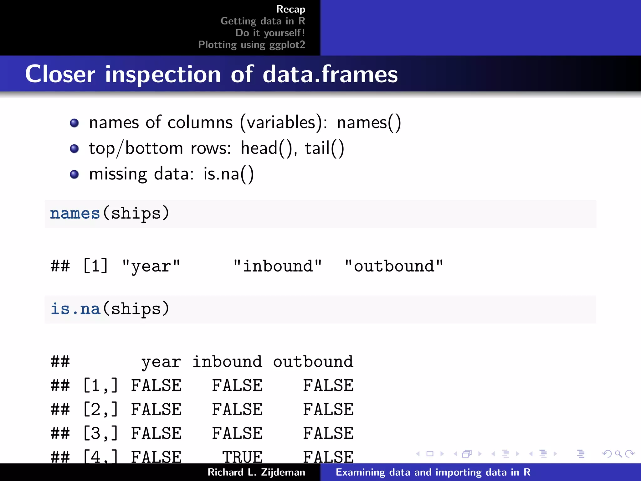 Recap
Getting data in R
Do it yourself!
Plotting using ggplot2
Closer inspection of data.frames
names of columns (variables): names()
top/bottom rows: head(), tail()
missing data: is.na()
names(ships)
## [1] "year" "inbound" "outbound"
is.na(ships)
## year inbound outbound
## [1,] FALSE FALSE FALSE
## [2,] FALSE FALSE FALSE
## [3,] FALSE FALSE FALSE
## [4,] FALSE TRUE FALSE
Richard L. Zijdeman Examining data and importing data in R
 