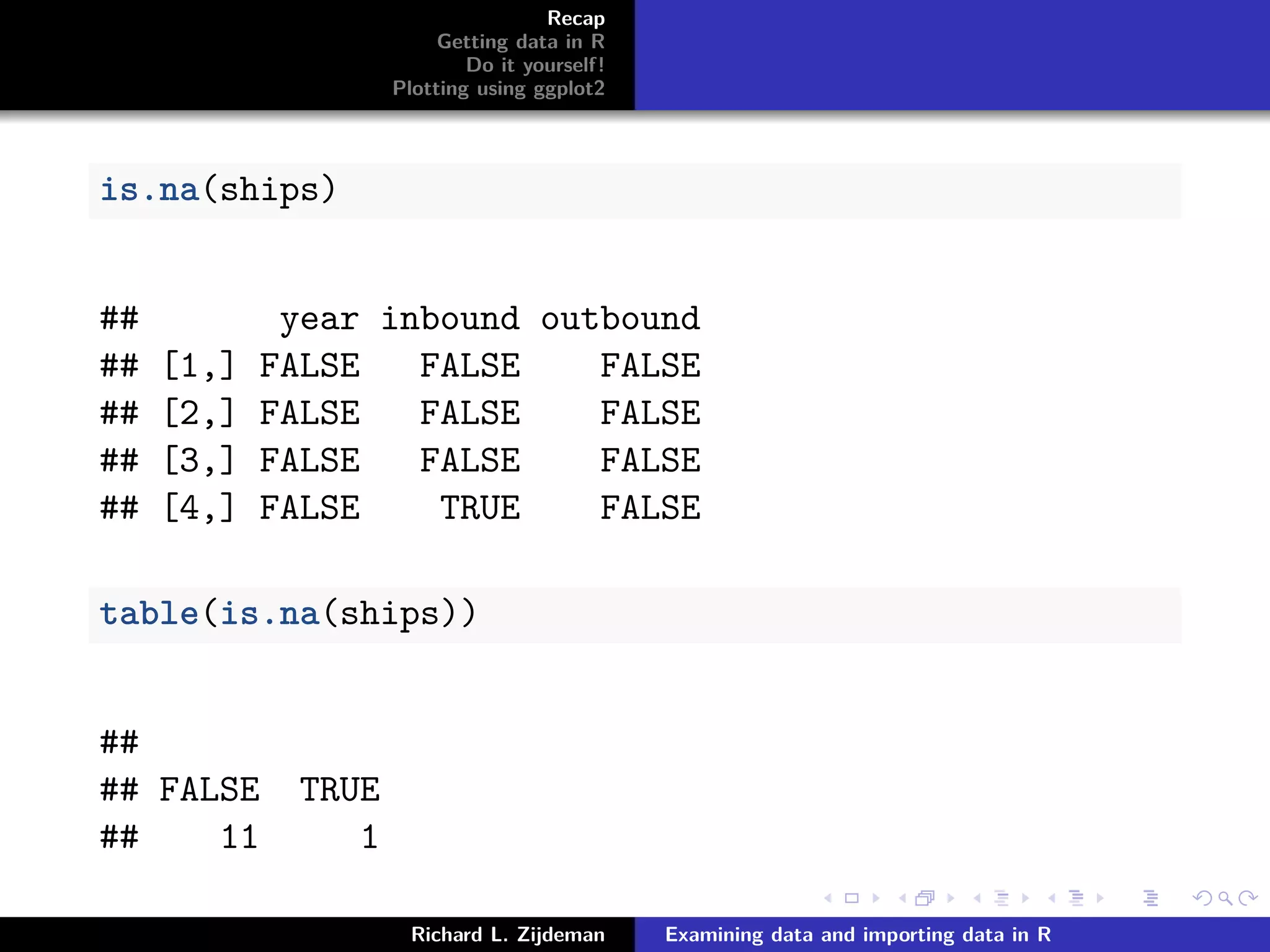 Recap
Getting data in R
Do it yourself!
Plotting using ggplot2
is.na(ships)
## year inbound outbound
## [1,] FALSE FALSE FALSE
## [2,] FALSE FALSE FALSE
## [3,] FALSE FALSE FALSE
## [4,] FALSE TRUE FALSE
table(is.na(ships))
##
## FALSE TRUE
## 11 1
Richard L. Zijdeman Examining data and importing data in R
 