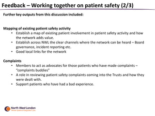 Feedback – Working together on patient safety (2/3)
Further key outputs from this discussion included:
Mapping of existing patient safety activity
• Establish a map of existing patient involvement in patient safety activity and how
the network adds value.
• Establish across NWL the clear channels where the network can be heard – Board
governance, incident reporting etc.
• Good local links for the network
Complaints
• Members to act as advocates for those patients who have made complaints –
“complaints buddies”
• A role in reviewing patient safety complaints coming into the Trusts and how they
were dealt with.
• Support patients who have had a bad experience.
 