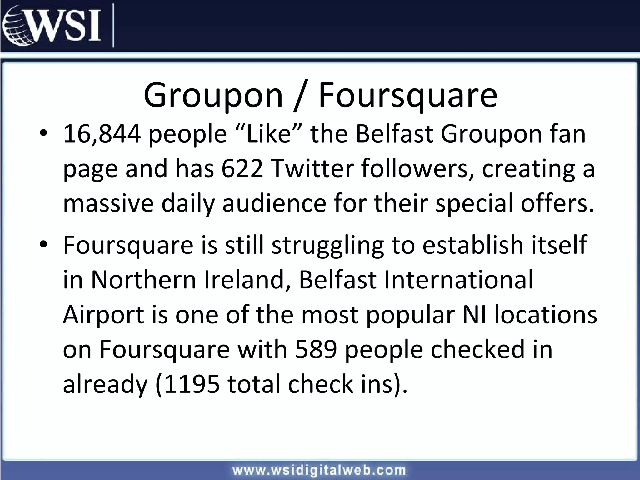 Groupon / Foursquare 16,844 people “Like” the Belfast Groupon fan page and has 622 Twitter followers, creating a massive daily audience for their special offers. Foursquare is still struggling to establish itself in Northern Ireland, Belfast International Airport is one of the most popular NI locations on Foursquare with 589 people checked in already (1195 total check ins). 