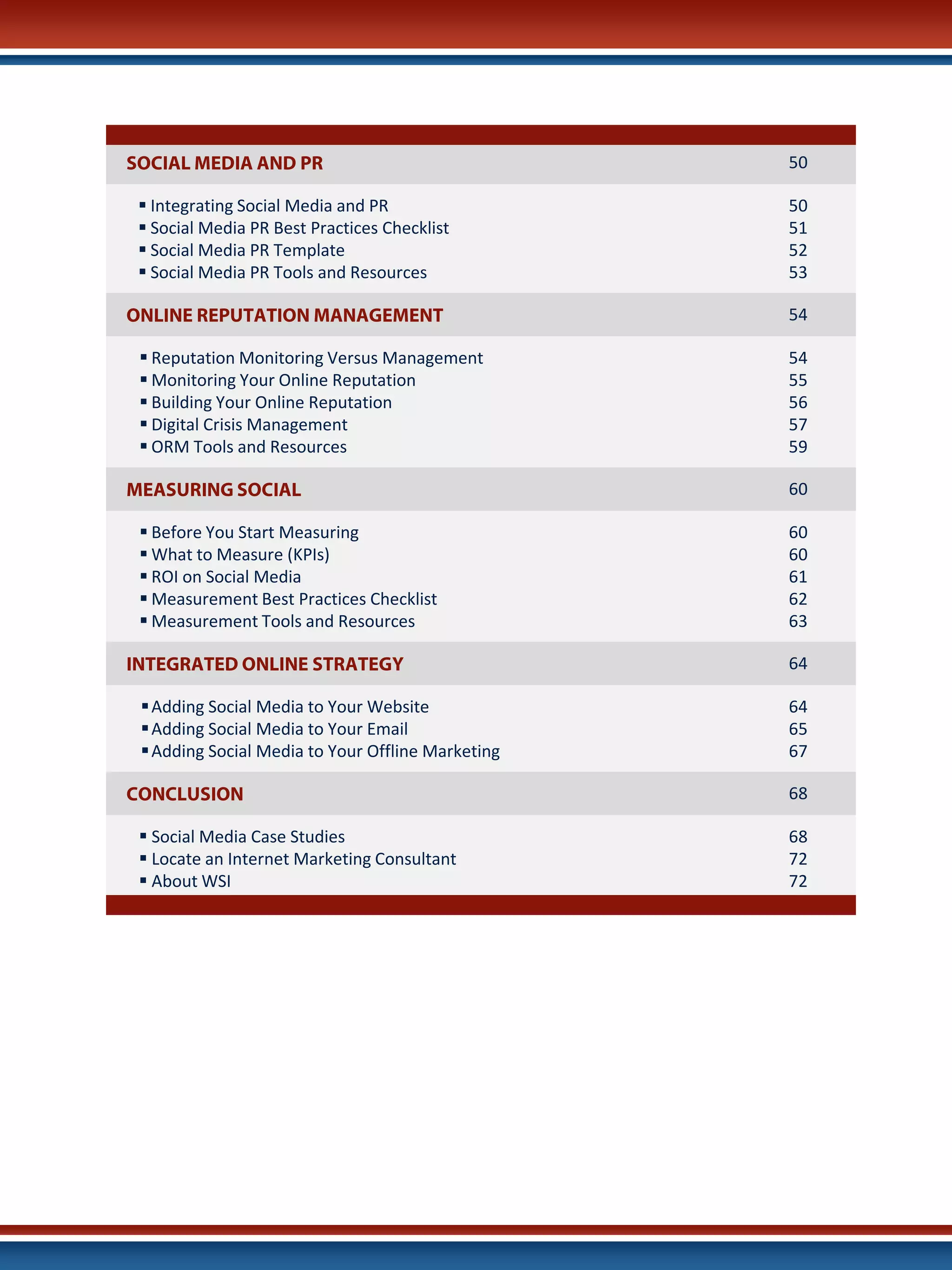 SOCIAL MEDIA AND PR                                50

  Integrating Social Media and PR                 50
  Social Media PR Best Practices Checklist        51
  Social Media PR Template                        52
  Social Media PR Tools and Resources             53

ONLINE REPUTATION MANAGEMENT                       54

  Reputation Monitoring Versus Management         54
  Monitoring Your Online Reputation               55
  Building Your Online Reputation                 56
  Digital Crisis Management                       57
  ORM Tools and Resources                         59

MEASURING SOCIAL                                   60

  Before You Start Measuring                      60
  What to Measure (KPIs)                          60
  ROI on Social Media                             61
  Measurement Best Practices Checklist            62
  Measurement Tools and Resources                 63

INTEGRATED ONLINE STRATEGY                         64

  Adding Social Media to Your Website             64
  Adding Social Media to Your Email               65
  Adding Social Media to Your Offline Marketing   67

CONCLUSION                                         68

  Social Media Case Studies                       68
  Locate an Internet Marketing Consultant         72
  About WSI                                       72
 