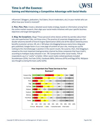 TTiimmee iiss ooff tthhee EEsssseennccee::
GGaaiinniinngg aanndd MMaaiinnttaaiinniinngg aa CCoommppeettiittiivvee AAddvvaannttaaggee wwiitthh SSoocciiaall MMeeddiiaa
Copyright © 2009 by Research and Management. All rights reserved. Page 9 of 12
SSuummmmaarryy
As discussed in this white paper, social media is affecting fundamental changes in consumer
behavior - specifically, how people research and buy products/services. How are YOU
responding?
In a day and age when consumers demand an unsurpassed level of service and accessibility -
and in an economy where you need every competitive edge - social media is a must-have
marketing strategy that won't take up all your time and drain your resources. Few, if any, other
marketing initiatives can help the way social media does when you get marching orders to build
the brand, engage customers and prospects, save money, stretch resources, and boost ROI.
To meet these needs, WSI offers Social Media Optimization services - a natural add-on to the
WSI portfolio of SEO, SEM and web development services. WSI leads the global Internet
industry offering best of breed Internet marketing solutions to suit the needs of multiple
industries. Through the adoption of international best practices, use of world class
technologies and strategic industry partnerships, WSI delivers online business success to its
customers worldwide.
Every Social Media Optimization project delivered by WSI includes the methodology and best
practices outlined in this white paper to ensure optimum business benefits for every client.
Go forth and enjoy the benefits of doing 'social' business; to your success!
AAbboouutt tthhee AAuutthhoorr
Heather Angus-Lee is the lead social media strategist for WSI. She has worked extensively in
social media optimization, developing a broad client base that includes an international
biotechnology healthcare provider, a national real estate company, an international machinery
manufacturer, a continental workplace safety advocacy organization, regional retailers, and
other B2B and B2C companies. Prior to her transformation into a web innovator, Heather was
an award-winning business writer for more than 15 years - working as the editor of national
magazines and as the business editor of a metropolitan daily newspaper. Heather can be
reached at education@wsicorporate.com.
 
