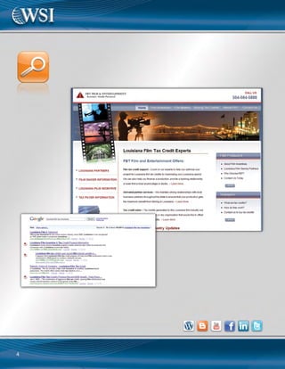 The total aggregated traffic that we
sent them since the beginning of the
campaign
(February 17, 2008 – August 18, 2009).
Totals:
Impressions: 357,659
Visits: 4683
Phone calls (recorded) 1092
Emails: 73
Web events: 3095
Average Visits per week: 62.7
Average Spend per week: $186.73
Average Cost Per Visit: $2.98
Illustrates the top 5
performing keywords for
each of the major search
engines. Under that we can
see the details including her
click-through-rate, click-to-
call ratio, and click-to-web-
event ratio.
 