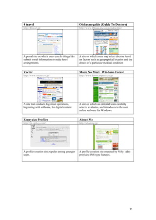 11
4 travel Oishasan-gaido (Guide To Doctors)
http://4travel.jp/ http://www.10man-doc.co.jp/index.html
A portal site on which users can do things like
submit travel information or make hotel
arrangements.
A site on which users may select doctors based
on factors such as geographical location and the
details of a particular medical condition
Vector Mado No Mori Windows Forest
http://www.vector.co.jp/ http://www.forest.impress.co.jp/
A site that conducts logistical operations,
beginning with software, for digital content
A site on which an editorial team carefully
selects, evaluates, and introduces to the user
online software for Windows.
Zenryaku Profiles About Me
http://pr.cgiboy.com/ http://aboutme.jp/
A profile-creation site popular among younger
users.
A profile-creation site operated by Nifty. Also
provides SNS-type features.
 