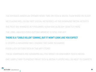 THE AVERAGE AMERICAN SPENDS MORE TIME ON TECH & MEDIA THAN WORK OR SLEEP
MESSAGING WILL BLOW PAST SOCIAL NETWORKS AS THE DOMINANT MEDIA ACTIVITY
THE NEXT BIG WINNERS IN STREAMING AUDIO ARE ALREADY (QUIETLY) HERE
THE LONG-AWAITED CORD CUTTING MOMENT IS STILL FAR OFF
THERE IS A “CABLE KILLER” COMING, BUT IT WON’T LOOK LIKE YOU EXPECT
E-SPORTS & WAGERING WILL CHANGE THE GAME IN GAMING
GOOD LUCK GETTING RICH IN THE APP STORE!
THESE COMPANIES ARE GRABBING ALL THE MONEY IN CONSUMER TECH & MEDIA
ONE SIMPLE WAY TO PREDICT WHAT TECH & MEDIA PLAYERS WILL DO NEXT TO COMPETE
86www.activate.com
 