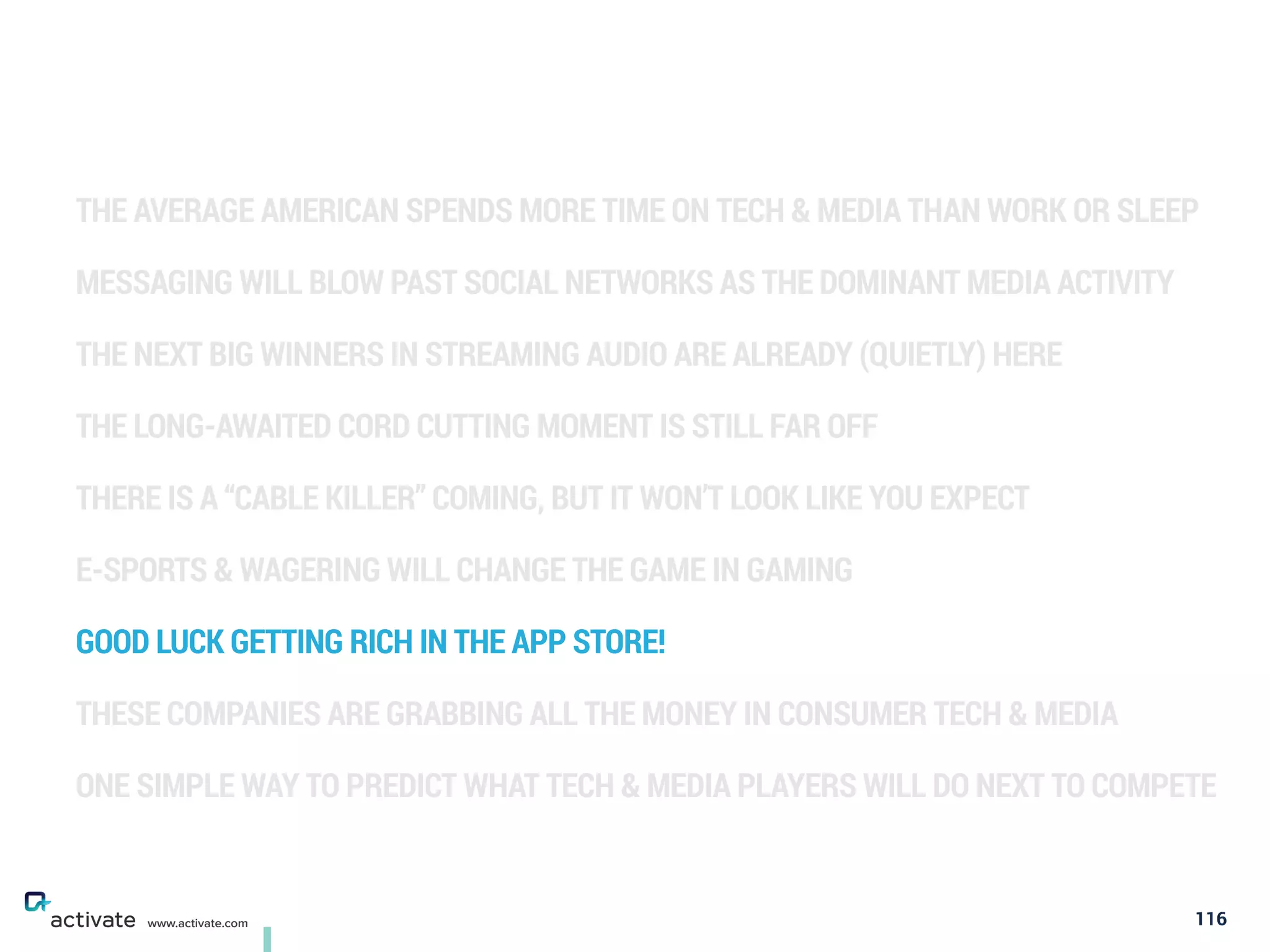 THE AVERAGE AMERICAN SPENDS MORE TIME ON TECH & MEDIA THAN WORK OR SLEEP
MESSAGING WILL BLOW PAST SOCIAL NETWORKS AS THE DOMINANT MEDIA ACTIVITY
THE NEXT BIG WINNERS IN STREAMING AUDIO ARE ALREADY (QUIETLY) HERE
THE LONG-AWAITED CORD CUTTING MOMENT IS STILL FAR OFF
THERE IS A “CABLE KILLER” COMING, BUT IT WON’T LOOK LIKE YOU EXPECT
E-SPORTS & WAGERING WILL CHANGE THE GAME IN GAMING
GOOD LUCK GETTING RICH IN THE APP STORE!
THESE COMPANIES ARE GRABBING ALL THE MONEY IN CONSUMER TECH & MEDIA
ONE SIMPLE WAY TO PREDICT WHAT TECH & MEDIA PLAYERS WILL DO NEXT TO COMPETE
116www.activate.com
 